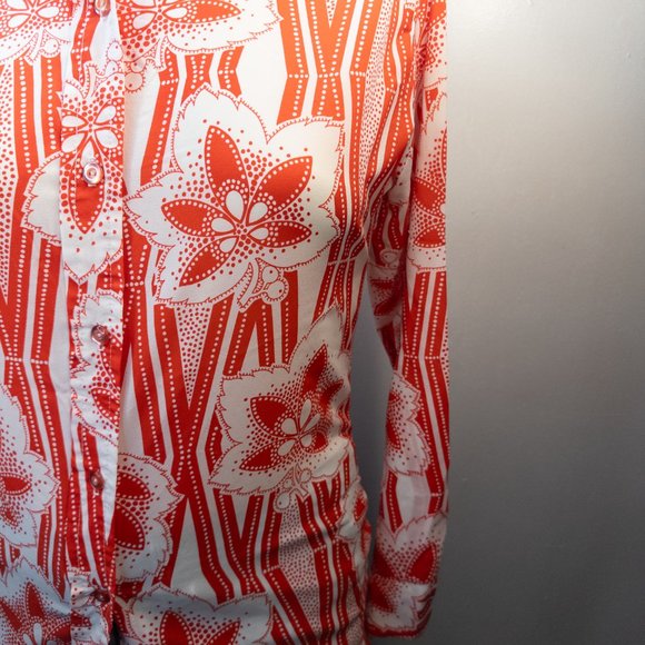 Vintage 70s Pykettes Size Small Shirt Red White Floral Button Up Disco Top - Picture 7 of 10